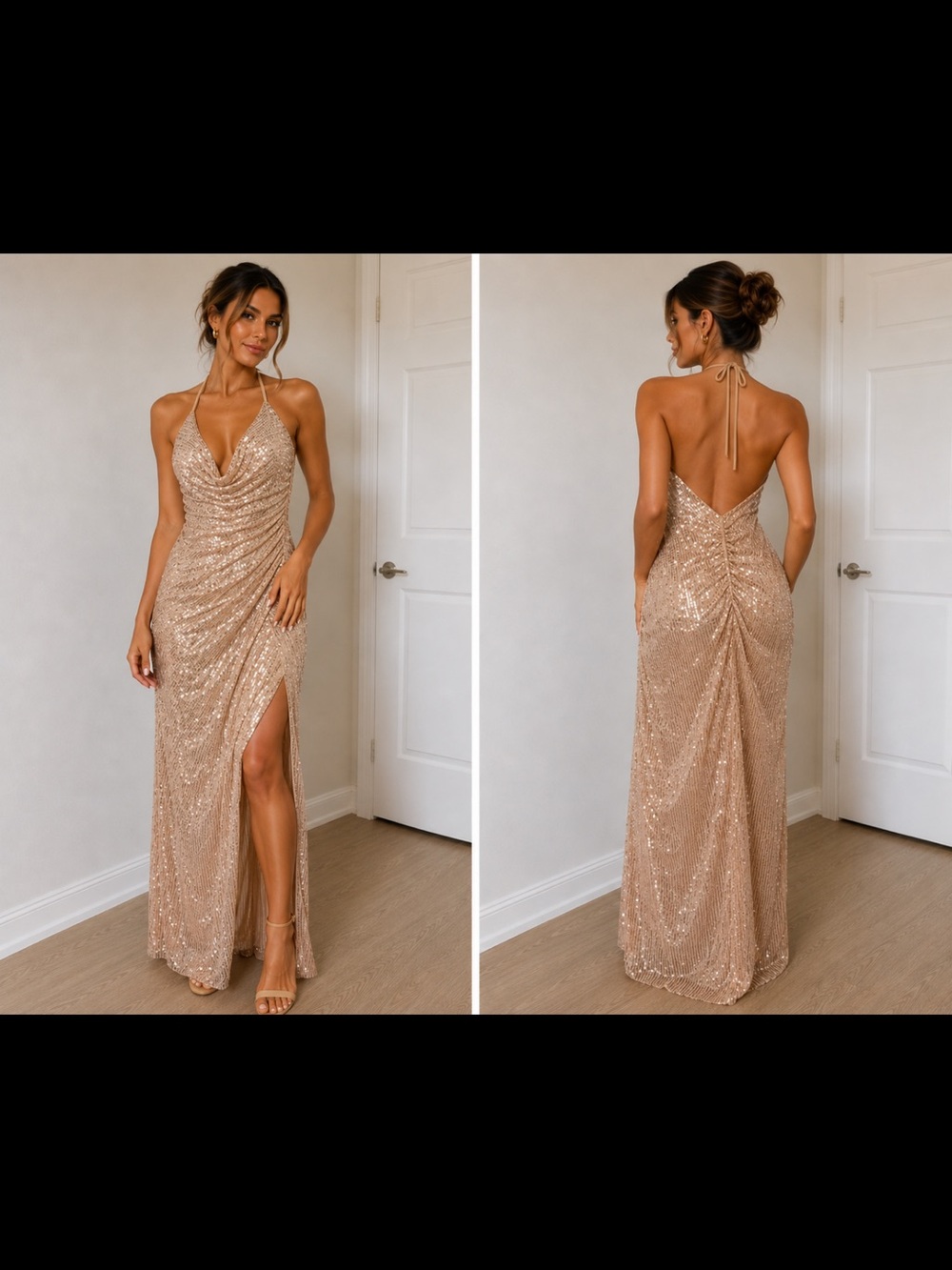 Sequin Halter Neck Evening Gown - Champagne